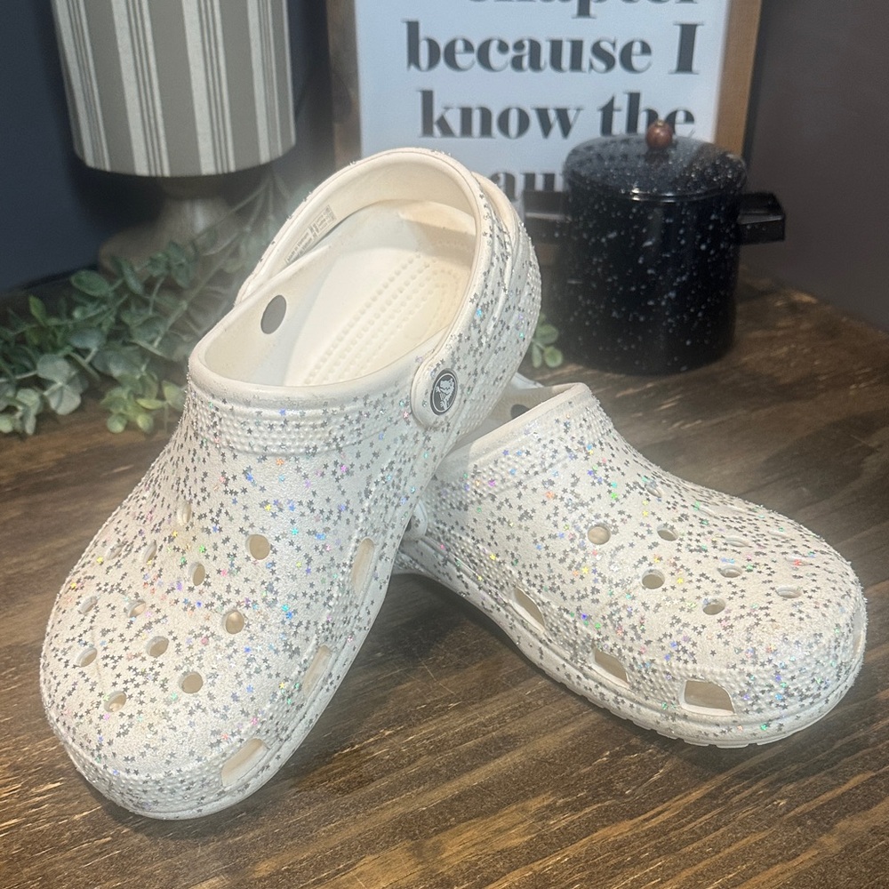 Women’s White Glitter Clogs size 10 Glitter Crocs